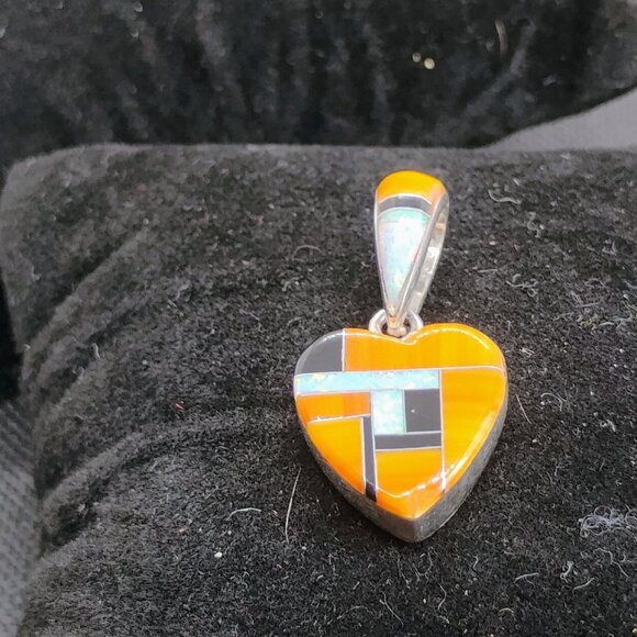Signed SM Sterling Heart Shaped Inlay Gemstone Pendant Reversible Double Sided - Picture 4 of 11